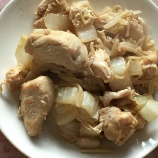 鶏胸肉、えのき、白菜の醤油ごま油炒め